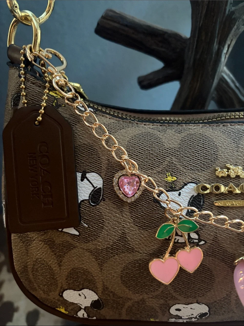 Coach Brown Signature x Peanuts Charm Shoulder Bag with Pink Accents